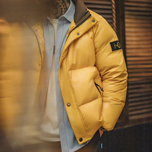 Men’s Yellow 90% White Duck Down Jacket – Warm Stand Collar Puffer Coat for Fall & Winter Casual Outerwear